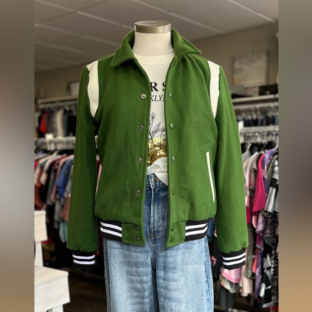 Green Varsity Jacket with White Accents